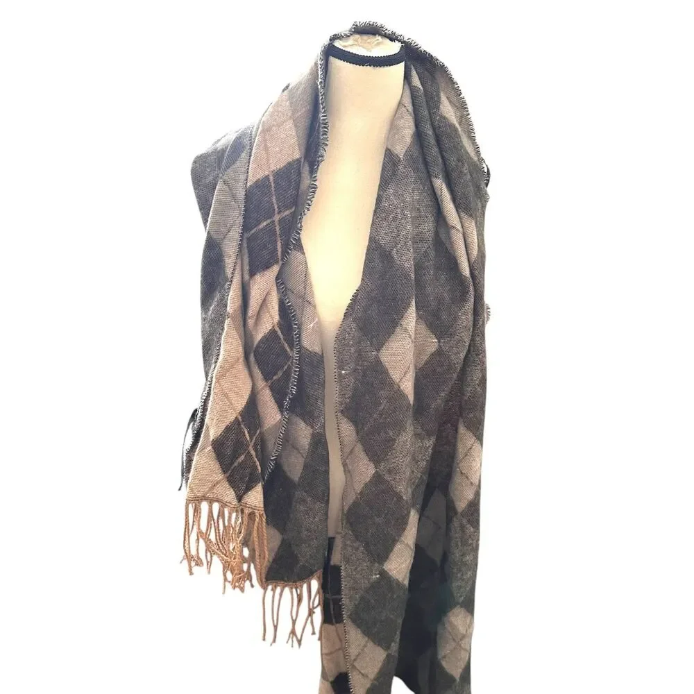 ZARA Plaid Fringe Acrylic‎ Scarf Brown Medium